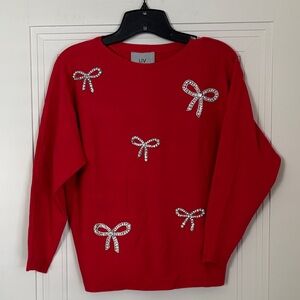 LIV Red Crewneck Sweater with Rhinestone Bows